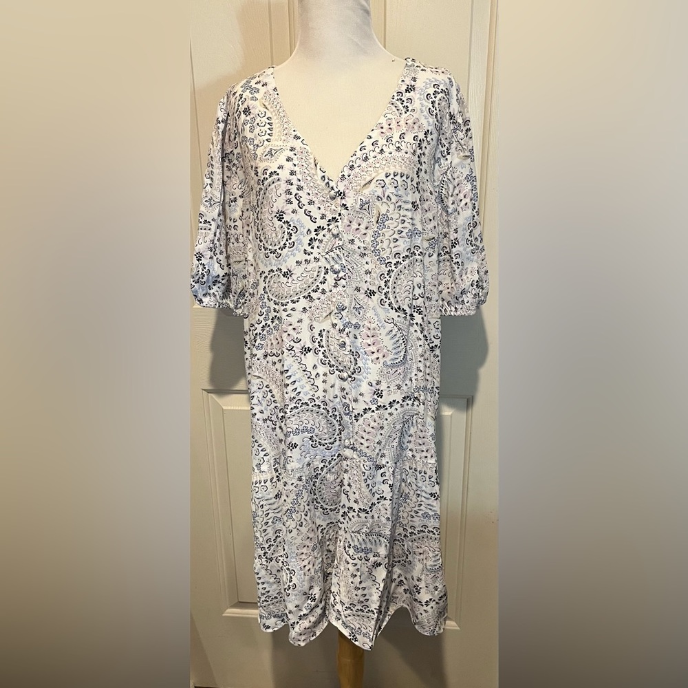 Loft Paisley Puff Sleeve Button Swing Dress